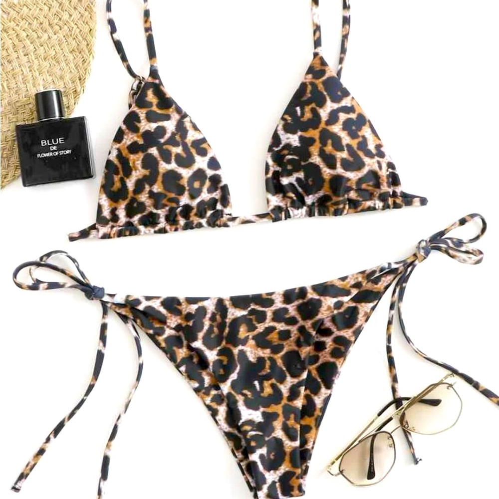 two piece leopard print high cut string bikini set